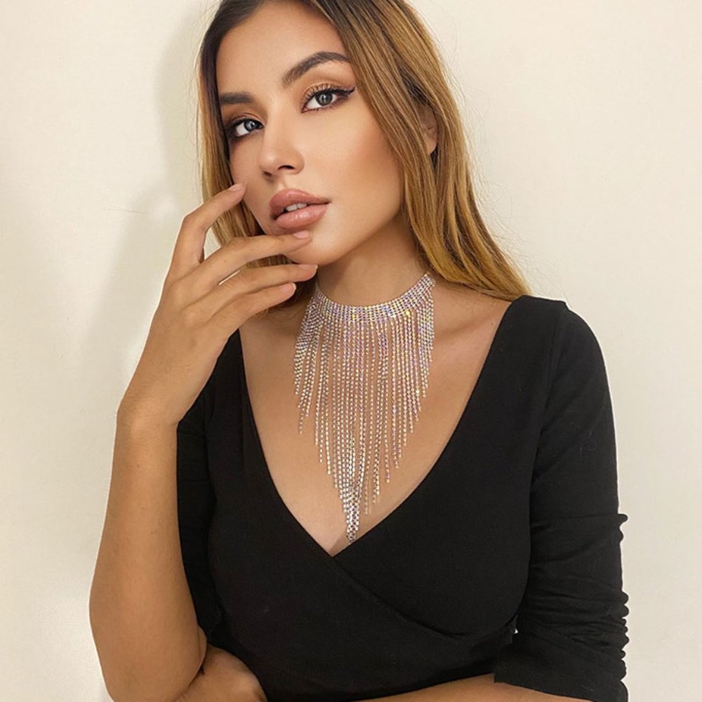 Bling Silver Crystal Long Drop Tassel Choker Necklace - Party Evening‎ Statement - Picture 8 of 9